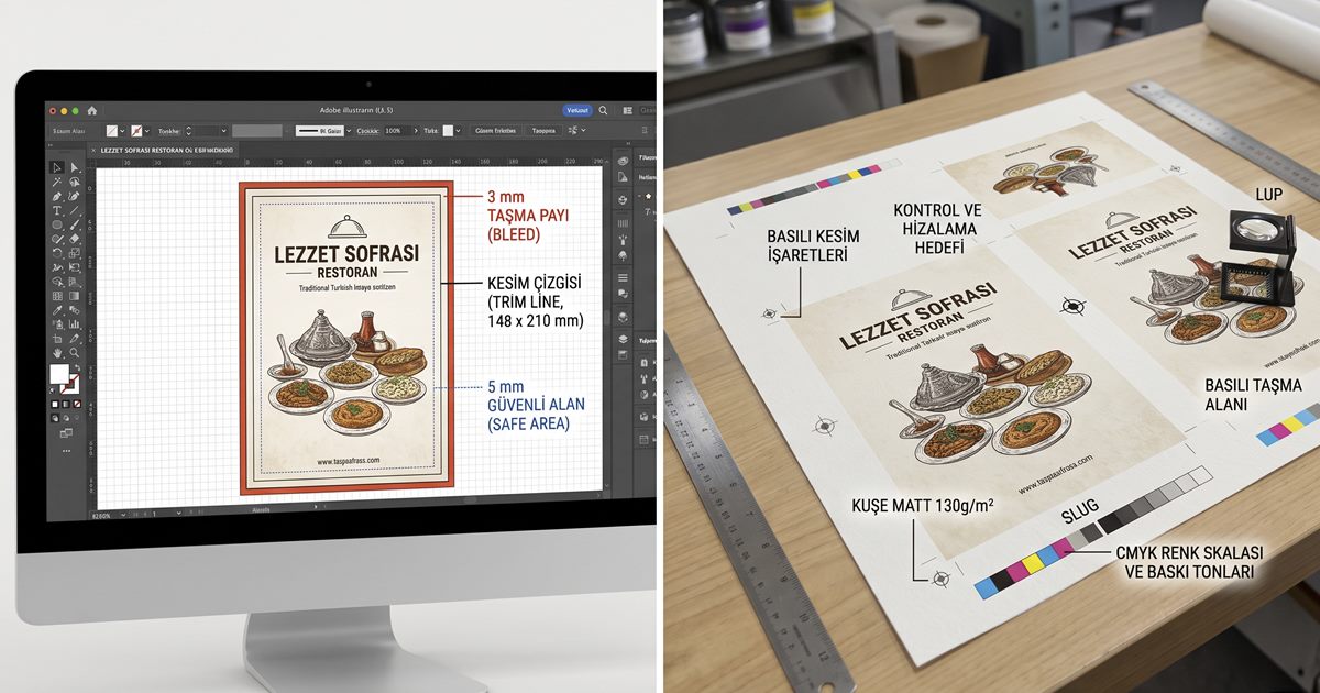 A design file under prepress review, showing its bleed area and trim marks