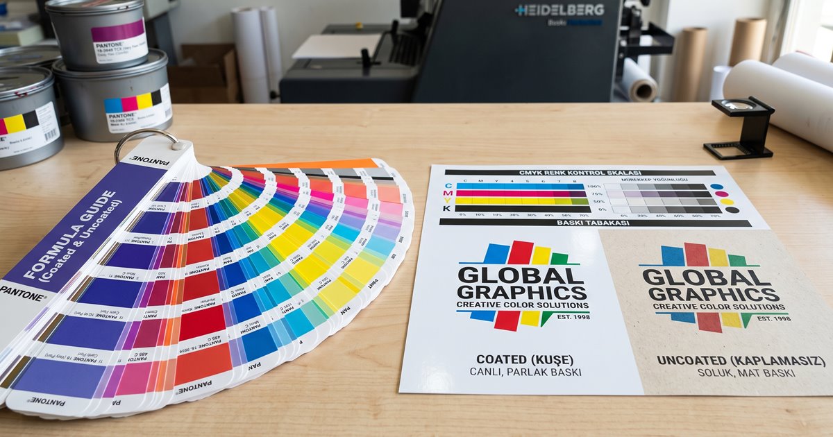 A Pantone fan deck and a CMYK control strip on a printed sheet