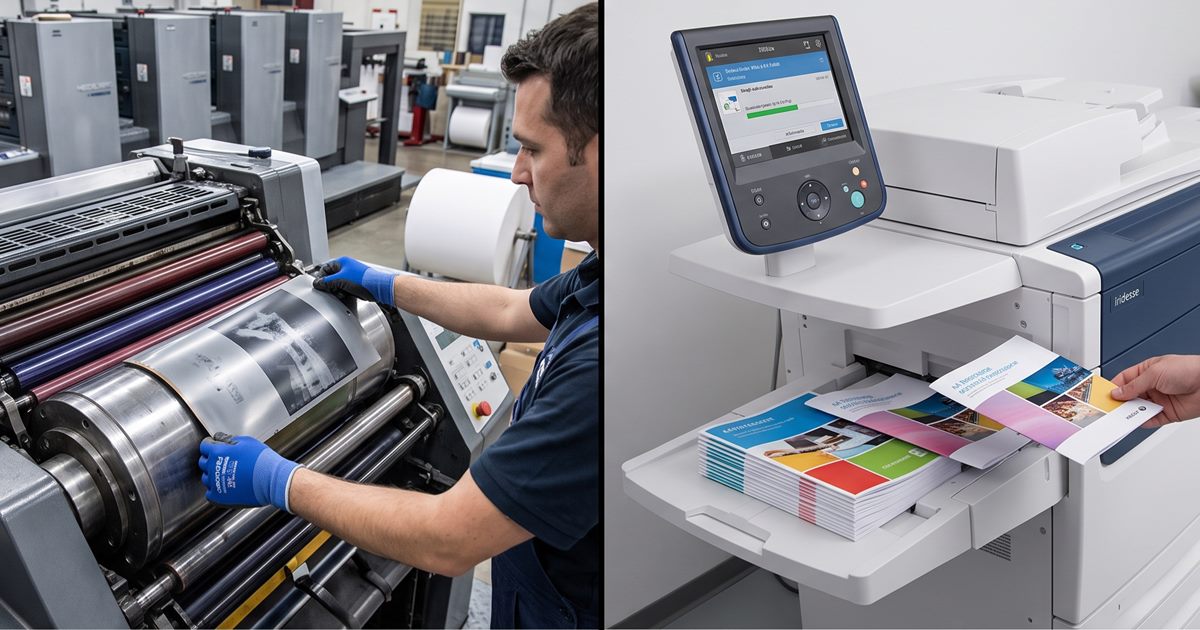 An offset press and a digital press side by side, with jobs printed in different quantities in front of them